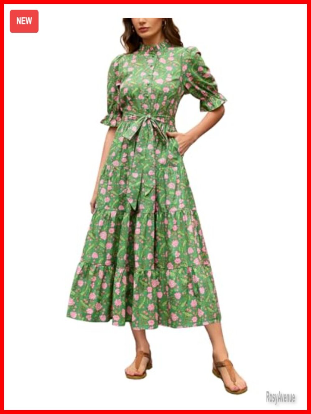 Women's Floral Ruffle Collar Midi Dress Half Sleeve Button Down Cotton